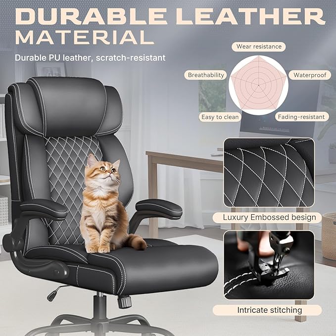 Office Chair-Executive High Back Breathable Big and Tall Office Chair Flip-up Armrests Lumbar Support-Ergonomic Leather Rolling Swivel Chair with Rock Function for Working Studying Gaming,2 Pack