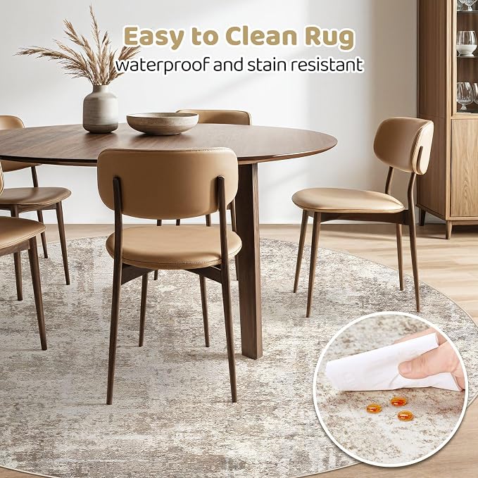 8ft Round Rug Living Room Rugs: 8x8 Washable Circle Large Abstract Modern Soft Stain Resistant Non-Slip Indoor Floor Carpet for Bedroom Nursery Office Dining Room Playroom Home House- Beige Brown