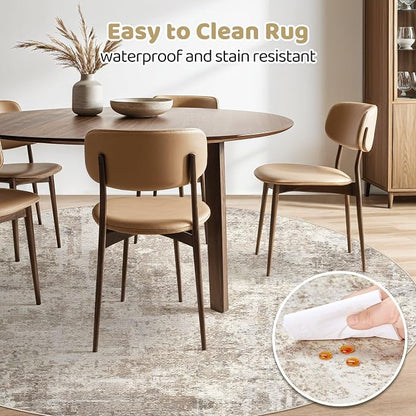 8ft Round Rug Living Room Rugs: 8x8 Washable Circle Large Abstract Modern Soft Stain Resistant Non-Slip Indoor Floor Carpet for Bedroom Nursery Office Dining Room Playroom Home House- Beige Brown