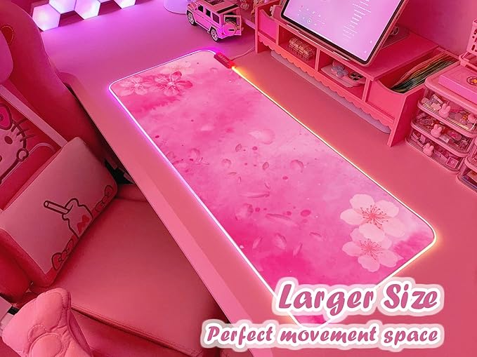 JMIYAV RGB Cherry Blossom Gaming Mouse Pad Pink 31.5x12 Inch PC XL Large Extended Glowing Led Light Up Desk Pad Non-Slip Rubber Base Computer Keyboard and Mouse Pad Cute Mousepad