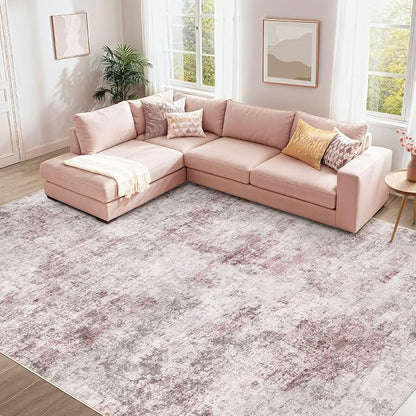 UERMEI 9x12 Washable Area Rug - Neutral Modern Abstract Living Room Rugs, Non-Slip Soft Large Indoor Floor Carpet for Bedroom Home Office & Under Dining Table Decor, Pink Grey