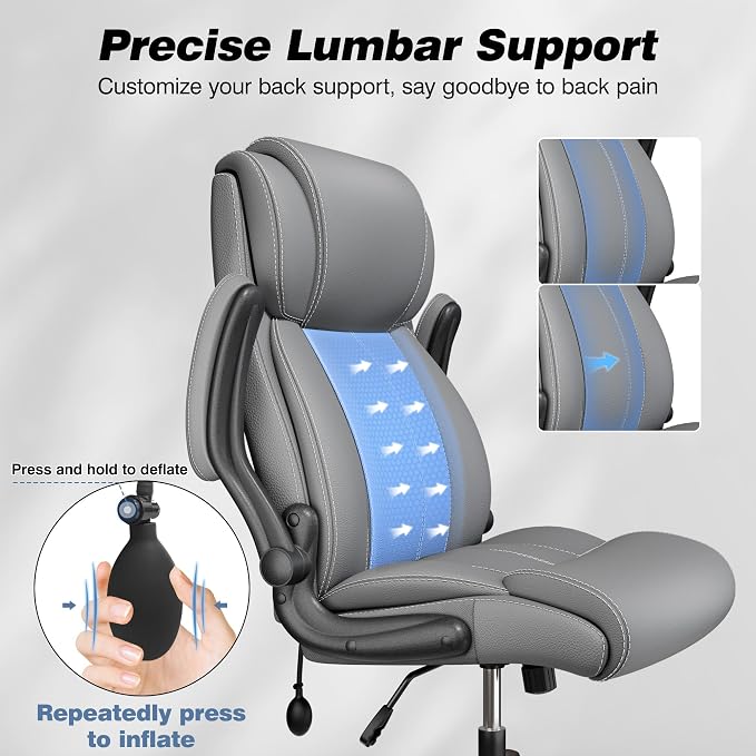 BESTFAIR Ergonomic Office Chair - Desk Computer Chair, Leather High Back Executive Chairs with Adjustable Lumbar Support & Flip Up Arms, Gray 6 Pack