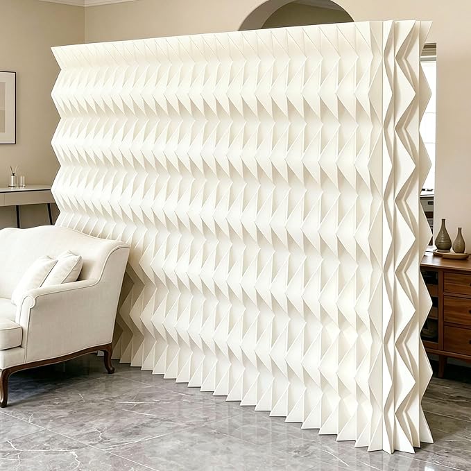 Accordion Kraft Paper Room Divider, 3D Diamond Wave Privacy Screen, Modern Freestanding Folding Partition, No Drill & Portable for Home Office Studio Salon White