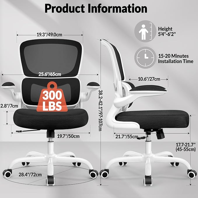 BESTFAIR Ergonomic Mesh Office Chair, Breathable Mesh Computer Desk Chair, Adjustable Lumbar Support, Flip-up Armrests, Executive Swivel Chair for Home Office, White