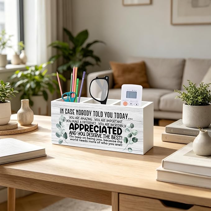 Inspirational Pen Pencil Holder Organizer for Desk, Appreciation Thank You Gifts for Women Men Friends Coworkers Wood Signs for Home Office Desk Tabletop Decor Accessories