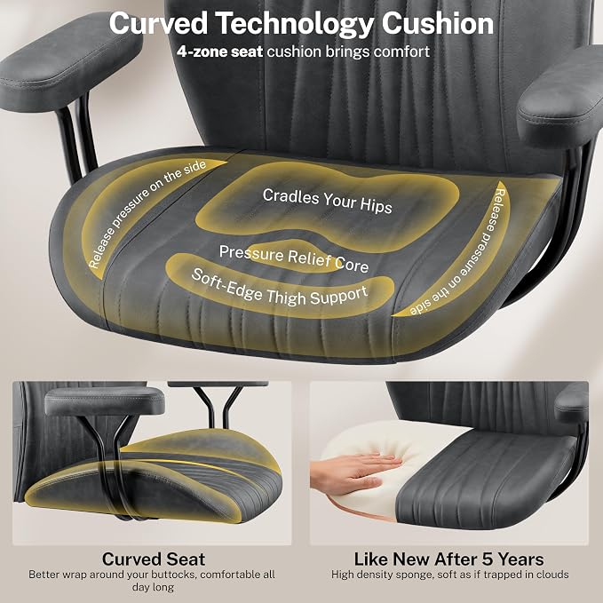 HeroSet Leather Office Chair with Removable Armrests, Mid Back Ergonomic Desk Chair with Lumbar Support, Adjustable Height Rocking Swivel Executive Chair for Home Office, Drak Gray