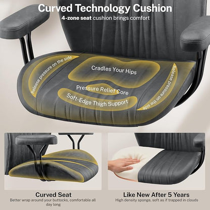 HeroSet Leather Office Chair with Removable Armrests, Mid Back Ergonomic Desk Chair with Lumbar Support, Adjustable Height Rocking Swivel Executive Chair for Home Office, Drak Gray