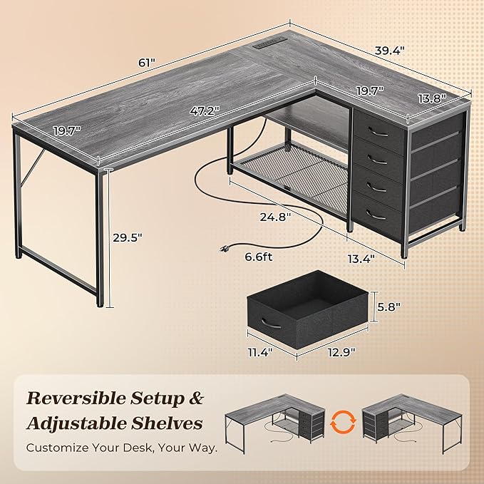 PRAISUN 61" L Shaped Desk with Power Outlets & USB-C Port, Reversible Computer Corner Office Desk with 4 Fabric Drawers and 2 Storage Shelves, Large Desk for Gaming Writing Study, Grey