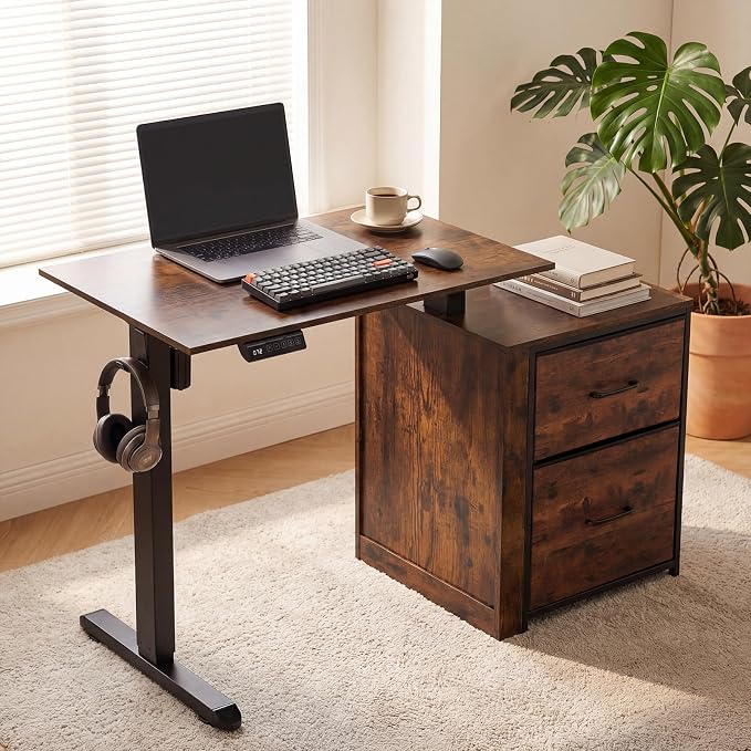 NORTHSKY Small Electric Standing Desk with Storage, 32 x 18 Inches Small Space Sit Stand Desk with Storage, Height Adjustable Computer Table, 3 Memory Preset, 1 Hook, Cable Management, Rustic Brown