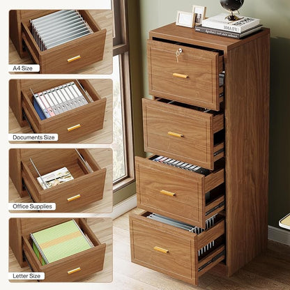 Tribesigns 4-Drawer File Cabinet with Lock, Locked File Cabinet with Key, Tall Wooden Filing Cabinets for Home Office, Vertical Office Storage for Legal Size/Letter/A4/Files, Brown