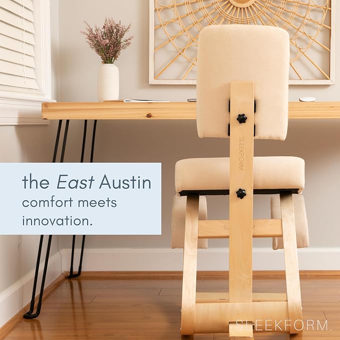 Sleekform East Austin Ergonomic Kneeling Chair with Back Support - Winter Linen and Wood Ergo Stool for Desk - Best Ergonomic Kneeling Office Chair for Posture and Leg Circulation