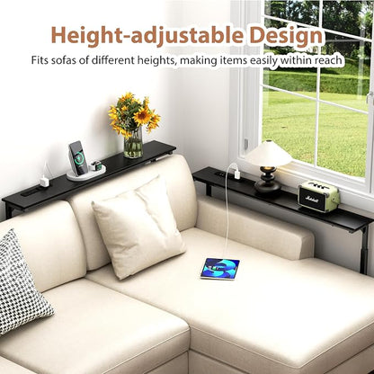 GRLEAF 2 Pack Adjustable Height Narrow Console Table with Power Outlets, 90" Long Sofa Table with Charging Station Behind Couch Table Entryway Table for Living Room and Hallway – Black