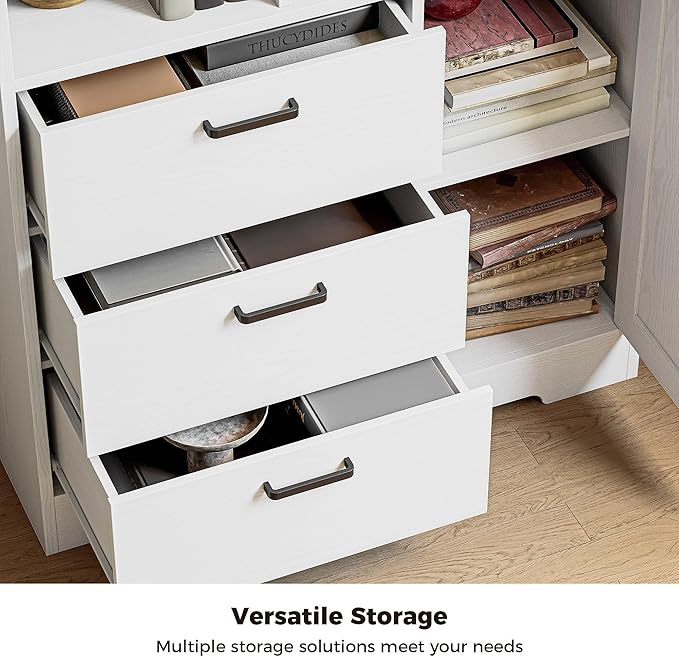 IRONCK Bookshelf, 70.9 Inch Tall Bookcase, White Book Shelf with Doors and 3 Drawers, 3-Tier Bookshelves with 6 Open Cubes for Home Office, Living Room, Study