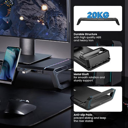 Ewent RGB Monitor Stand, Adjustable Screen Stand, Foldable with Storage Drawer, Smartphone and Tablet Holder + 4 USB 3.2Gen1 Ports, Monitor Riser for PC/Laptop/iMac, Black