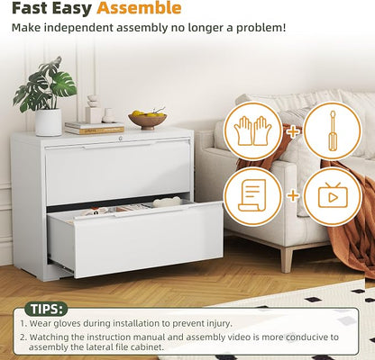 Lateral File Cabinet, 2 Drawer Metal File Cabinet with Lock, Lateral Filing Cabinet for Home Office, Office Organization Cabinet for Letter/Legal/F4/A4 Size,White