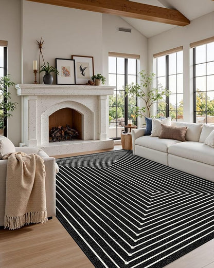 Latte&Fog 5x7 Area Rugs for Living Room Bedroom, Modern Abstract Washable Rug, Boho Non Slip Low Pile Carpet for Indoor Dining Room, Office, Dorm, Classroom, Farmhouse and Kids Room - Indigo Black