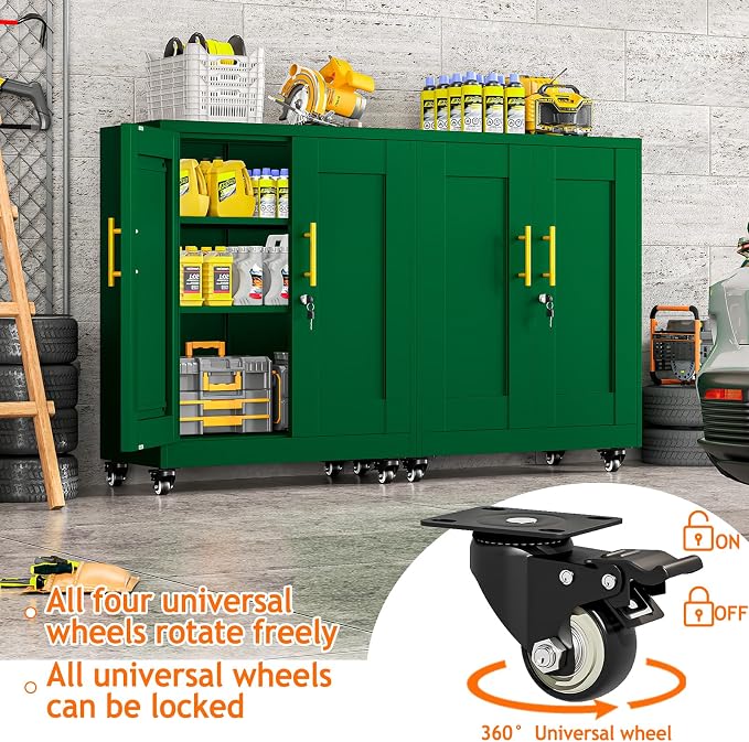 Metal Storage Cabinet with Wheels, 36" Tall Locking Storage Cabinet with 2 Adjustable Shelves, Locking Garage Cabinet, Steel Locker Organizer, for Office, Home, School, Green