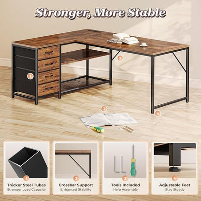 PRAISUN 53" L Shaped Desk with Power Outlets & USB-C Port, Reversible Computer Corner Office Desk with 4 Fabric Drawers and 2 Storage Shelves, Large Desk for Gaming Writing Work Study, Rustic Brown
