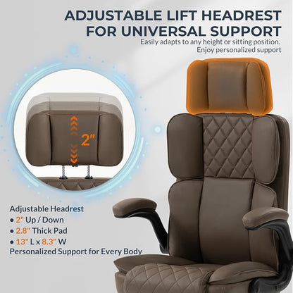 Office Chair with Adjustable Headrest - Executive Leather Desk Chair for Home Office, with Flip-Up Arms & Ergonomic Lumbar Support, Perfect for Work and Study, Brown