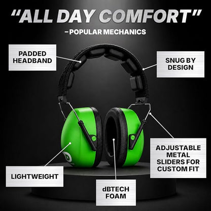 DECIBEL DEFENSE Professional Safety Ear Muffs 37dB NRR - The HIGHEST Rated & MOST COMFORTABLE Ear Protection for Shooting & Industrial Use - THE BEST HEARING PROTECTION...GUARANTEED (SAFETY GREEN)