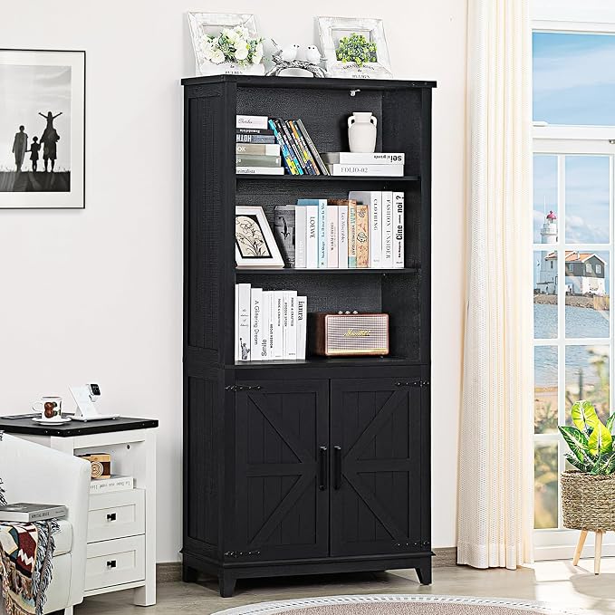 Joaxswe 70in Tall Bookshelf 5 Tier Bookcase with Barn Doors and Adjustable Shelves, Black Farmhouse Book Shelf with Storage Cabinet, Wood Freestanding Display Bookshelves for Bedroom, Kitchen (2PCS)