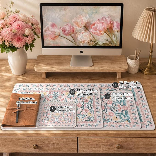 iCasso Aesthetic Floral Desk Mat, L Mouse Pads, Anti-Slip Mousepad with Stitched Edges, Waterproof Computer Pad 11.8"x31.5", Desk Accessories Office Decor for Women(Pink Floral)