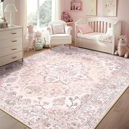 RELEANY Area Rugs 5'x8' Washable Non-Slip, Floral Vintage Distress Medallion Carpet for Living Room Bedroom Dining Room, Pink Greypink Cute
