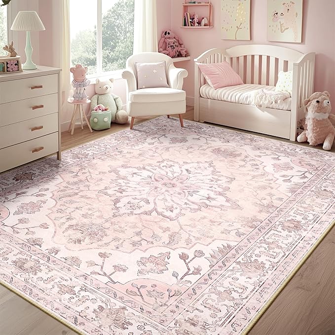 RELEANY Area Rugs 5'x7' Washable Non-Slip, Floral Vintage Distress Medallion Carpet for Living Room Bedroom Dining Room, Pink Greypink Cute