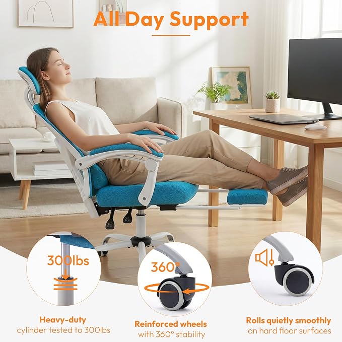 Ergonomic Desk Chair, High Back Office Chair with Wheels and Arms, Computer Chair with Footrest, Swivel Reclining Gaming Chair with Headrest, Comfy Armrest for Home, Office, Work, Study, Elegant Blue