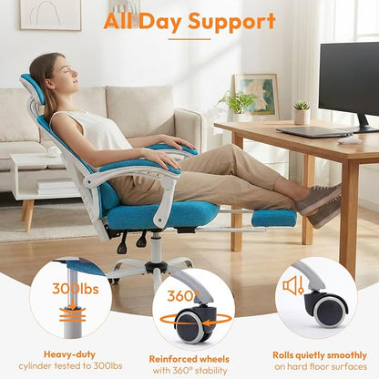 Ergonomic Desk Chair, High Back Office Chair with Wheels and Arms, Computer Chair with Footrest, Swivel Reclining Gaming Chair with Headrest, Comfy Armrest for Home, Office, Work, Study, Elegant Blue