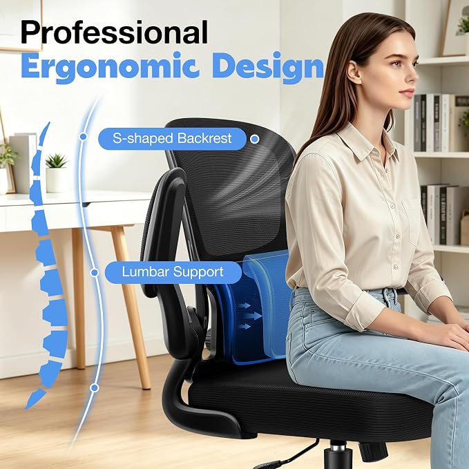 ALLGOD Ergonomic Office Chair, Breathable Mesh Ergonomic Desk Chair with Adjustable Lumbar Support, Flip-up Armrests, Computer Chairs Comfortable for Home, Office, Work, 300lbs, Black, Upgrade