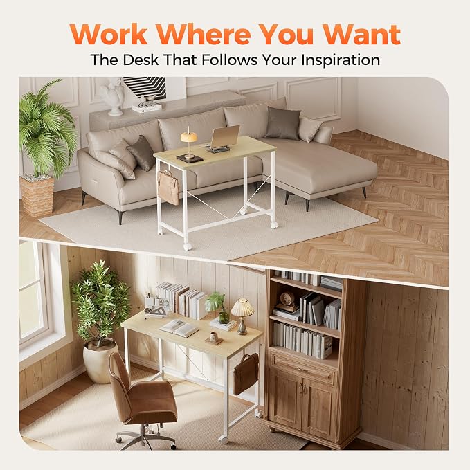 Mericonia 32 inch Rolling Computer Desk with Wheels, Gaming Desk for Small Spaces, Modern Simple Style Table for Home Office, Study Writing Table