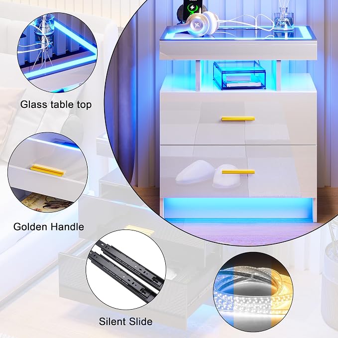 HNEBC Auto LED Nightstand Set of 2, White Night Stand with Charging Station & USB Ports, High Gloss Bedside Table has 2 Drawers,Modern End Side Table for Bedroom (White)