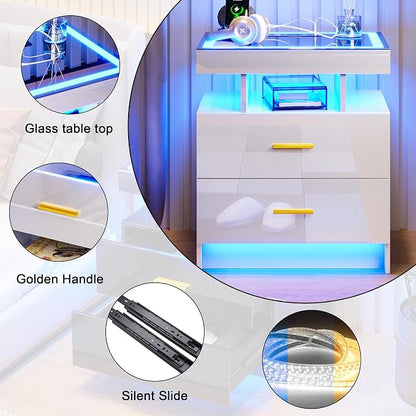 HNEBC Auto LED Nightstand Set of 2, White Night Stand with Charging Station & USB Ports, High Gloss Bedside Table has 2 Drawers,Modern End Side Table for Bedroom (White)