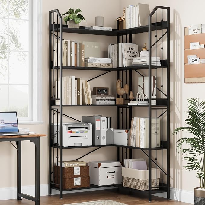 GarveeHome Corner Bookshelf 72" L Shaped Bookcase, Corner Bookshelves Industrial Bookcase 5 Tier L-Shape Bookshelf, Large Bookcases with Beaded Design Tall Display Rack Shelf for Living Room Bedroom