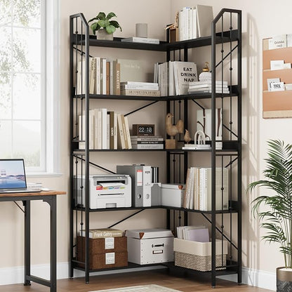 GarveeHome Corner Bookshelf 72" L Shaped Bookcase, Corner Bookshelves Industrial Bookcase 5 Tier L-Shape Bookshelf, Large Bookcases with Beaded Design Tall Display Rack Shelf for Living Room Bedroom
