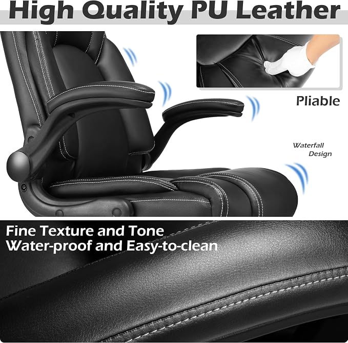 OUTFINE Flip-up Arms Office Chair 300lbs Executive Chair Swivel Office Chair with hydrolysis-Resistant Leather Spring Cushion Thick Padding and Ergonomic Design (Black, Flip Arm Medium) | Flip-up armrests, ergonomic support and durable leather maximize...