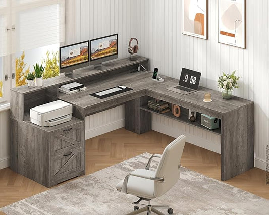 YOMILUVE Farmhouse 63" L Shaped Desk with Drawers, Home Office Desks with Storage Shelves and Printer Stand, Corner Computer Desk with Power Outlets and Monitor Stand,Grey