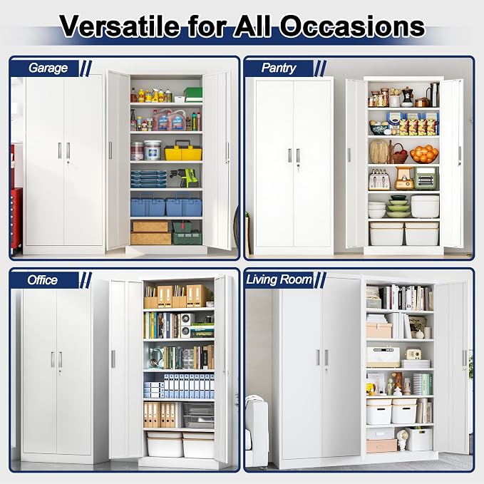 BESFUR Metal Garage Storage Cabinet with Locking Doors and 5 Adjustable Shelves, White Tall Storage Cabinets, Tool File Lockable Cabinet for Garage Office Warehouse Shop(71”H)