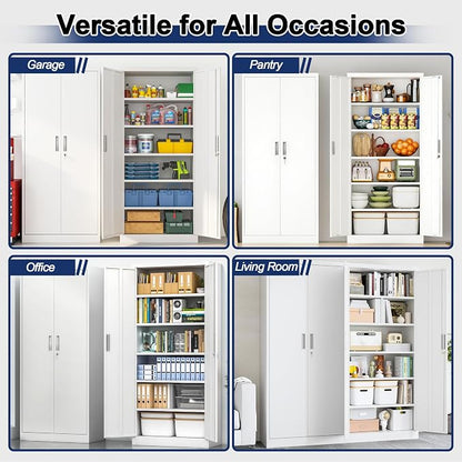 BESFUR Metal Storage Cabinet with 2 Doors and 5 Adjustable Shelves Garage Storage Cabinet with Lock 71" Office Storage Cabinets Locking Cabinets for Garage Office Shop Home (White)