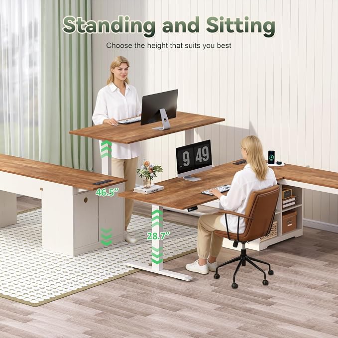 YOMILUVE Farmhouse L Shaped Standing Desk, 66 inch Corner Electric Standing Desk with Drawers ＆ Storage Shelves, Height Adjustable Computer Desk with Power Outlets for Home Office (Antique White)