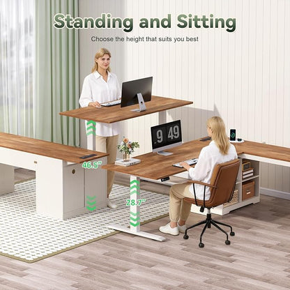 YOMILUVE Farmhouse L Shaped Standing Desk, 66 inch Corner Electric Standing Desk with Drawers ＆ Storage Shelves, Height Adjustable Computer Desk with Power Outlets for Home Office (Antique White)