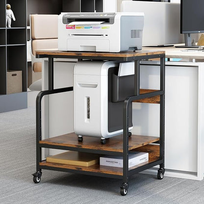 Large Printer Table for Home Office, Printer Stand, 3 Tier Rolling Printer Cart with Storage Shelf, Stand for Heat Press, Scanner, Fax, Organization, Brown