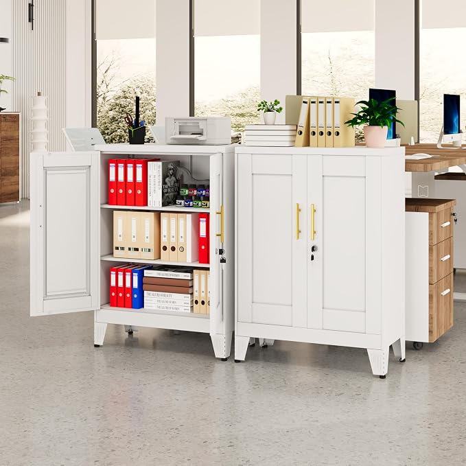 White Metal Storage Cabinet, 36" Tall Locking Storage Cabinet with 2 Adjustable Shelves, Steel Locker Organizer, for Office, Home, School, 11.81" D x 23.62" W x 35.83" H, 2PS