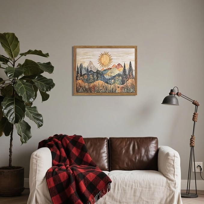 Framed Boho Sun Canvas Wall Art, Modern Abstract Mountain Landscape Painting, Southwestern Sun Poster Picture Print, Boho Floral Aesthetic Wall Decor for Bedroom Home Office 8x10 inch
