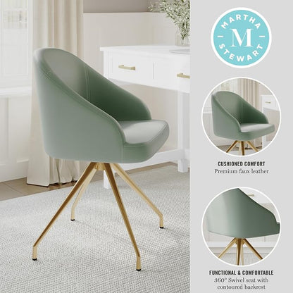 Martha Stewart Sora Stationary Swivel Task Chair with Sloped Arms for Home Office in Sage Faux Leather with Polished Brass Frame