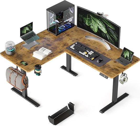 WALKINGDESK 55X45 Inches Reversible L Shaped Standing Desk Height Adjustable with Cup Holder, Electric Corner Computer Desk, Sit Stand up Home Office Desk, Ergonomic Gaming Desk, Rustic Brown