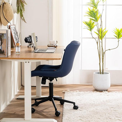 YOUTASTE Navy Blue Office Chair, Faux Leather Armless Desk Chair with Wheels, Height Adjustable, Swivel, Rocking, 300 lbs Capacity, Metal Base, for Home Office Vanity, Purple