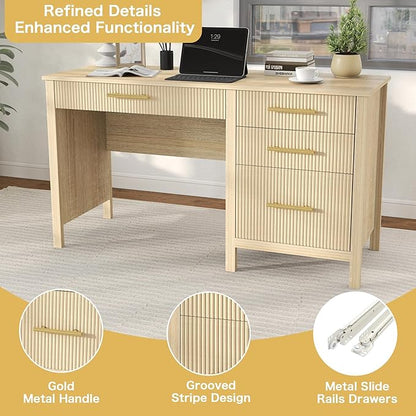 Modern Executive Desk with Drawers: 54 Inch Oak Home Office Desks with File Drawer, Wood Fluted Desk with Storage, Writing Computer Desks with 4 Drawers
