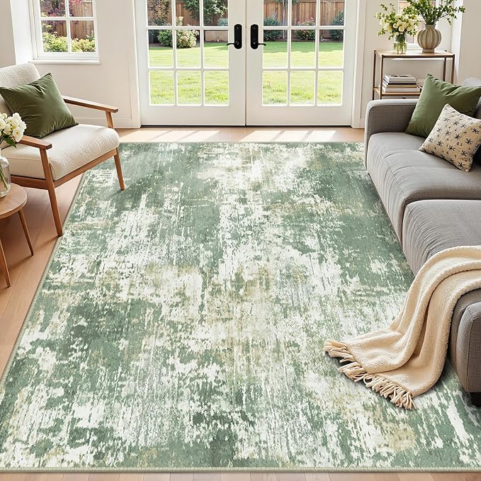 RELEANY Washable Area Rugs 5'x8' Non-Slip Modern Abstract Soft for Living Room Entryway Bedroom Kitchen, Print Pattern, Light Green/Yellow